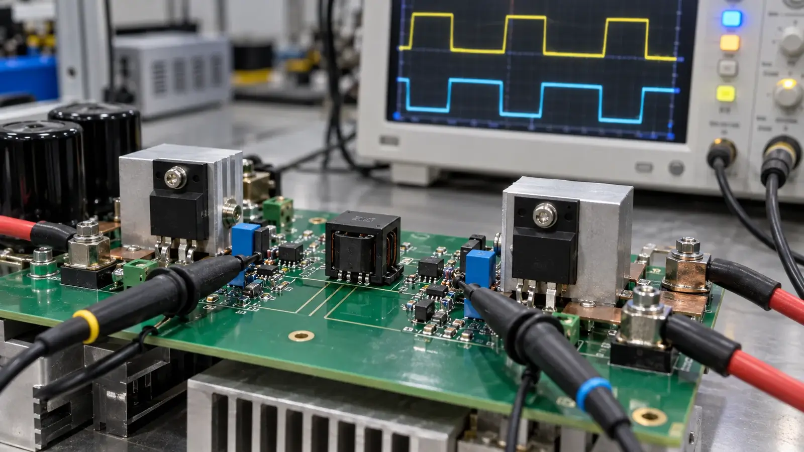 Gate drive transformer under double-pulse testing with oscilloscope waveforms