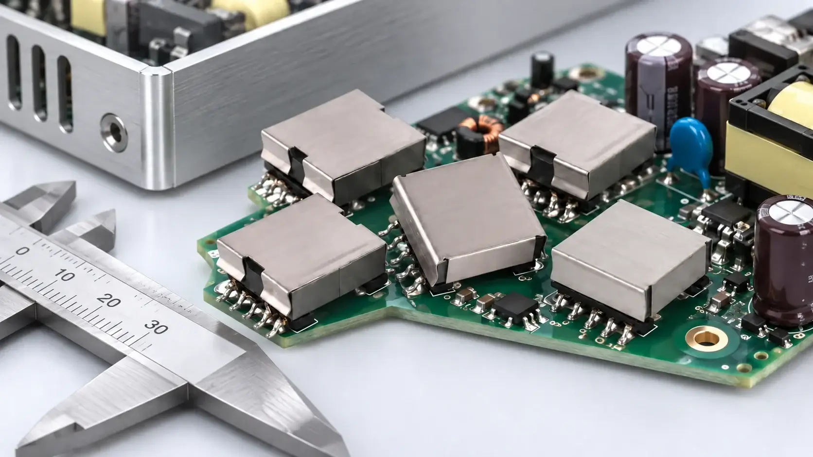EFD transformer selection for a low-profile power supply, shown on a compact converter board beside a height reference