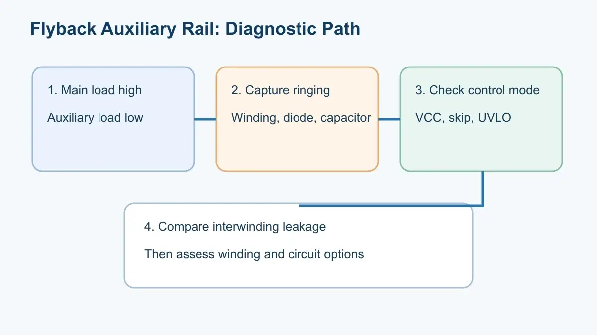 Diagnostic path from winding ringing to rectified auxiliary overvoltage