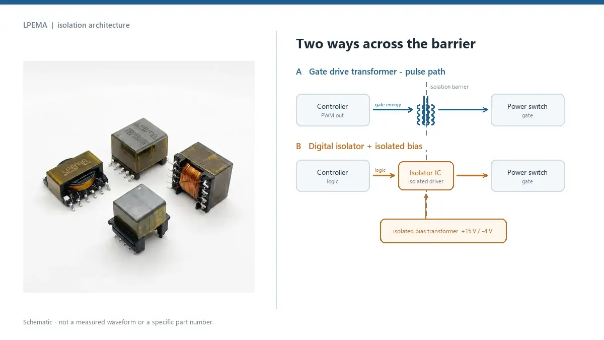 Gate drive transformer vs digital isolator: two isolation paths for the same gate driver, shown next to LPEMA SMD drive transformers